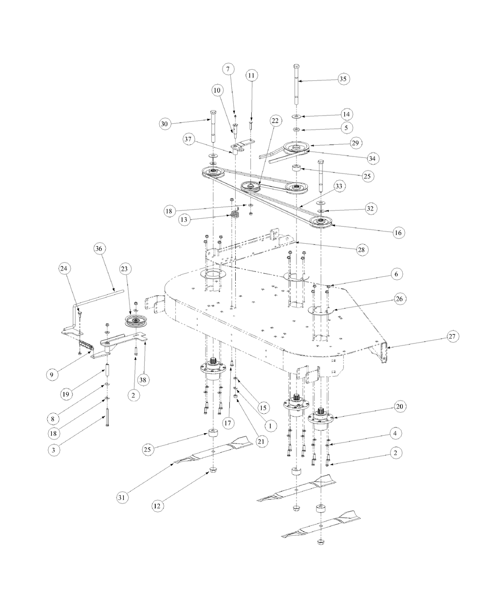 Fabricated Deck Spindle Assembly Diagram and Parts List for M60-KW (53AB5D8X150-25-HP)(2003 1/2) Cub Cadet Lawn Tractor